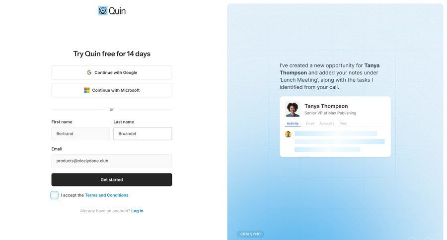 Quin
				signup page example
