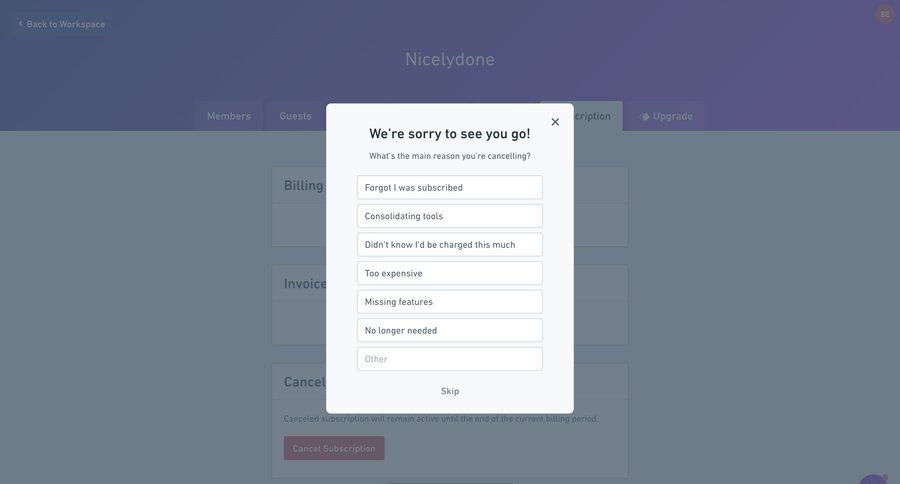 Whimsical
			modal & popover share feedback settings account management form subscription management feedback collection ui page example