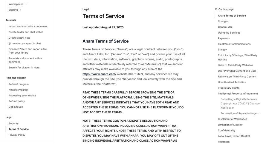 Anara
				terms & conditions ui page example