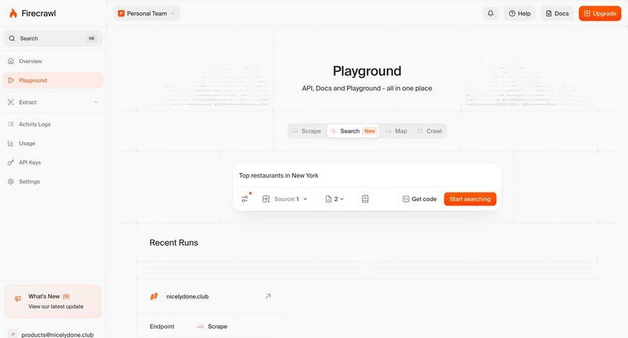 Firecrawl
			 dashboard menu documentation search results ui page example
