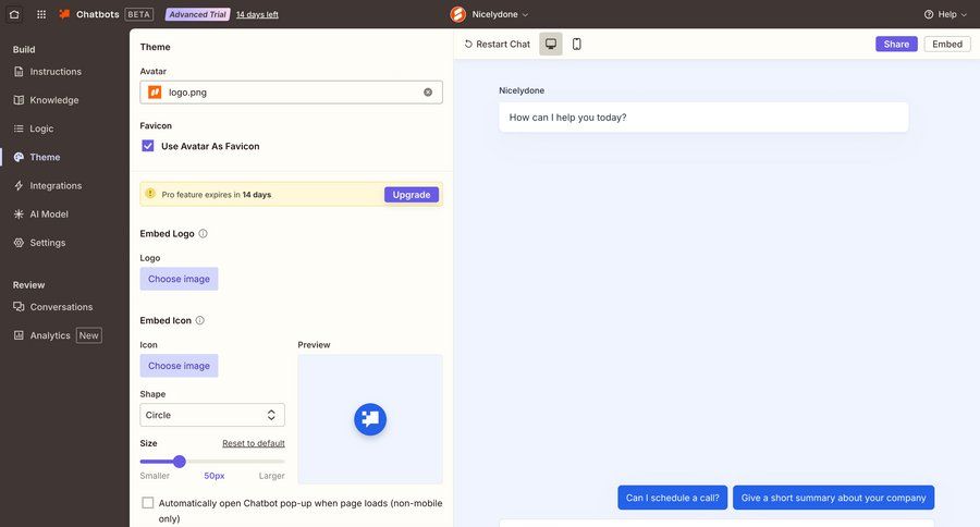 Zapier
			 configuration settings form file upload upload image save changes sidebar chatbot ui page example