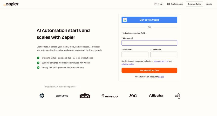 Zapier
			 artificial intelligence form automation account creation content hierarchy free trial log in ui page example