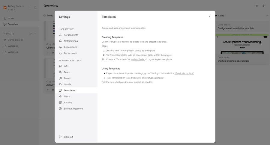 Workflow
			 settings project management user settings workspace settings templates template creation ui page example