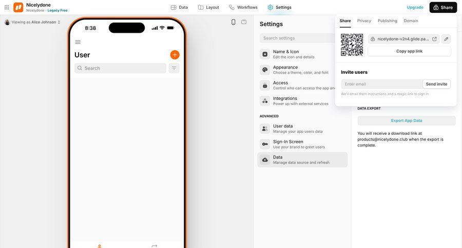 Glide
			settings share form export settings user management form data export user invitation menu ui page example
