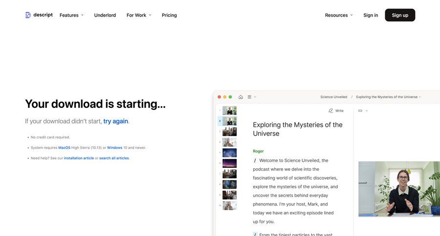 Descript
			application download desktop download mobile ui page example