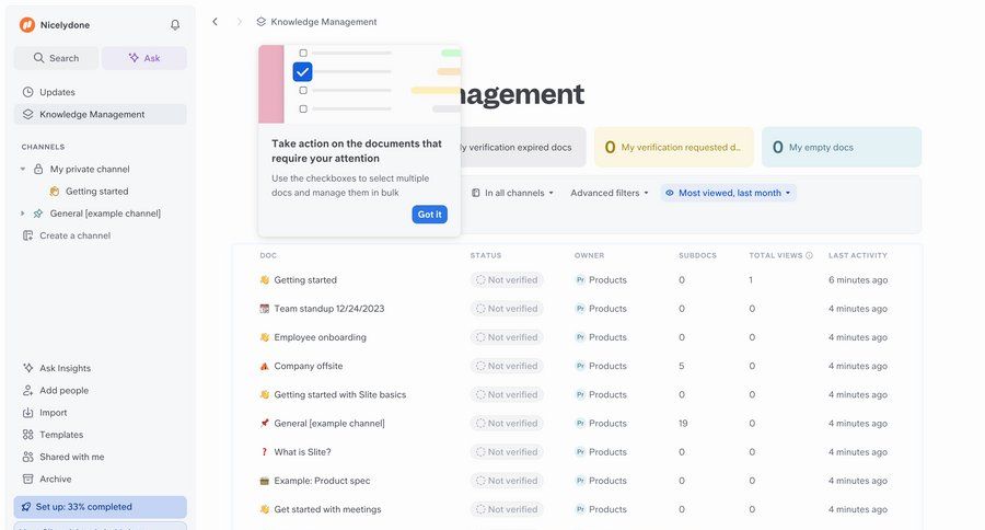 Slite
			 collaboration dashboard sidebar navigation document management data display document list dropdown filters progress bar table pagination ui page example