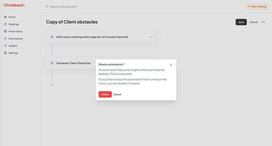 Circleback
			 automation delete confirmation sidebar confirmation message ui page example