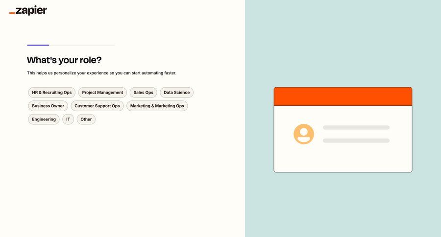 Zapier
			 onboarding form progress indicator full-screen layout ui page example