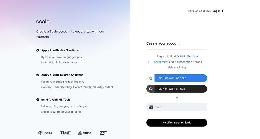 Scale
			 artificial intelligence account management onboarding account creation full-screen layout content hierarchy ui page example