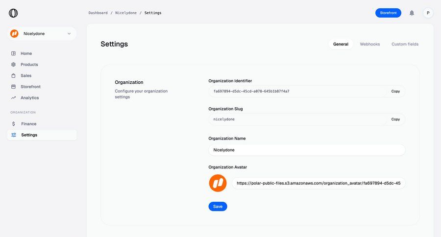 Polar
			 configuration settings sidebar navigation form account setup organization management save changes sidebar features modern organization settings ui page example