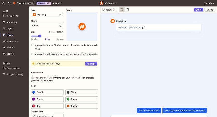 Zapier
			 configuration settings form customize color selection sidebar chatbot ui page example