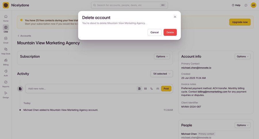 Outseta
			modal & popover delete account account settings modal screen data management settings account management grid confirmation modal dialog confirmation screen account settings account deletion sidebar ui page example