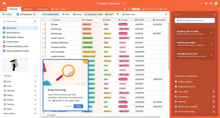 Airtable learning resources screen example