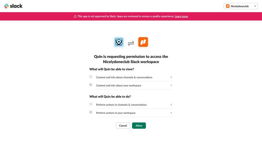 Quin
				integrations ui page example