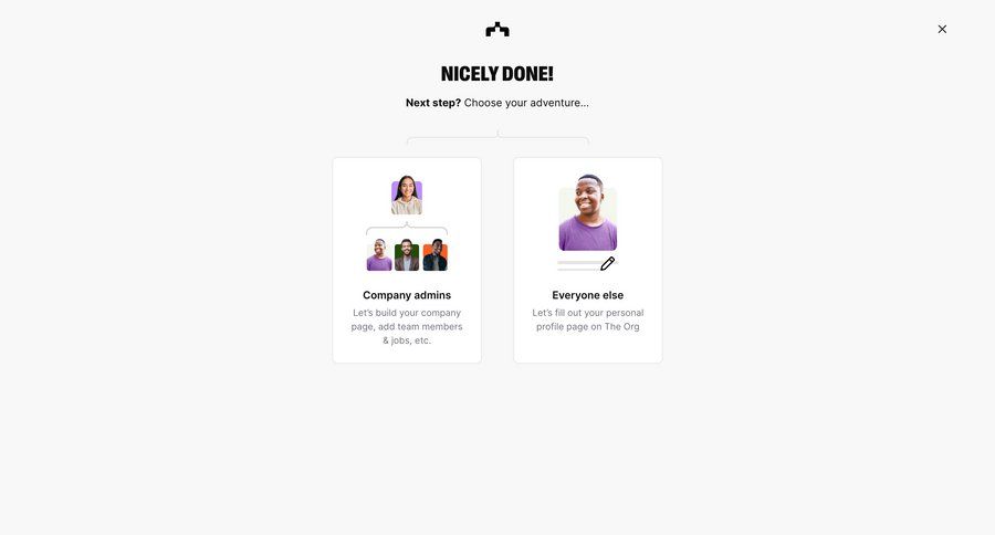 The org
			profile onboarding plans & pricing success state onboarding full screen modal ui page example