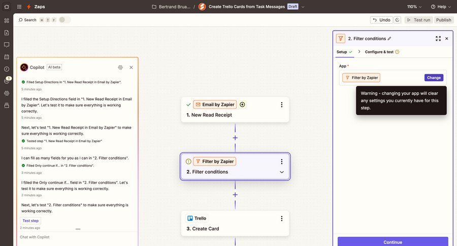 Zapier
			 configuration workflow form automation progress indicator conditional logic workflow creation workflow editor alert setup ui page example