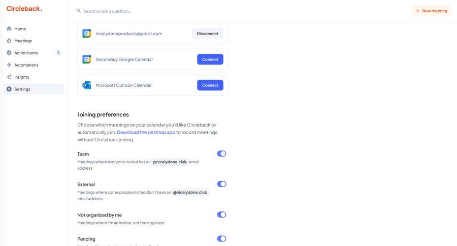 Circleback
			settings account settings integration settings settings sidebar navigation preferences meeting ui page example