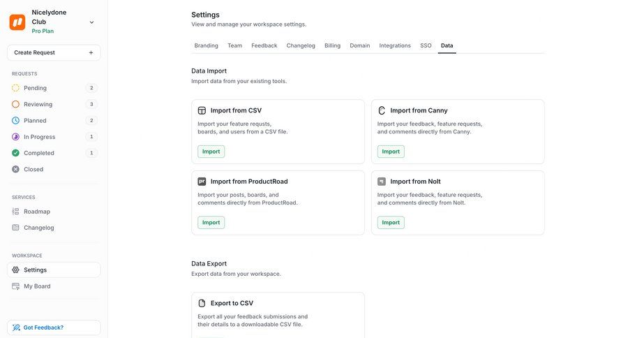 UserJot
			settings import export workspace settings data management settings dashboard data export export data import ui page example