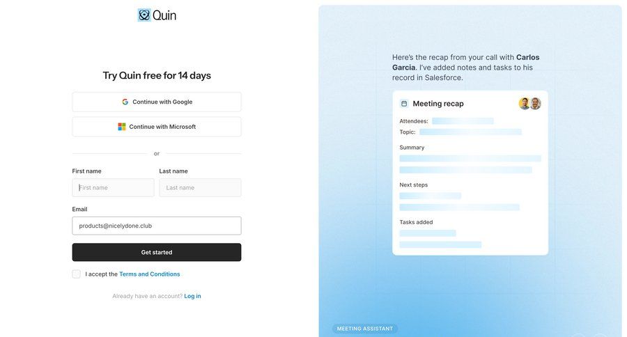 Quin
				signup page example