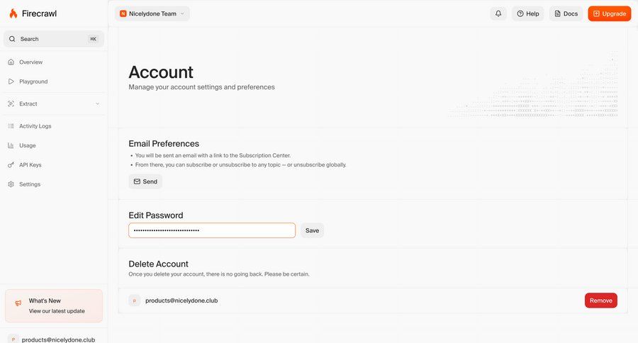 Firecrawl
			 settings account management form user settings account settings account deletion password management ui page example