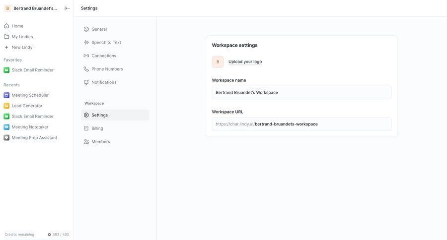 Lindy
			 configuration settings sidebar navigation form workspace settings workspace management sidebar ui page example