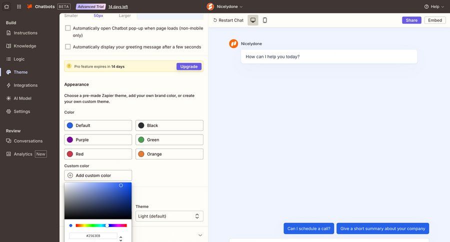 Zapier
			 configuration settings sidebar navigation save changes color palette sidebar chatbot ui page example