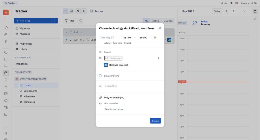 Huly
			 collaboration project management form schedule calendar screen time management ui page example