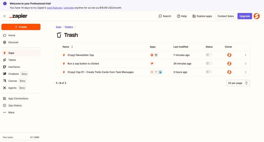Zapier
			list table trash & archive data management sidebar navigation full-screen layout data display table ui page example