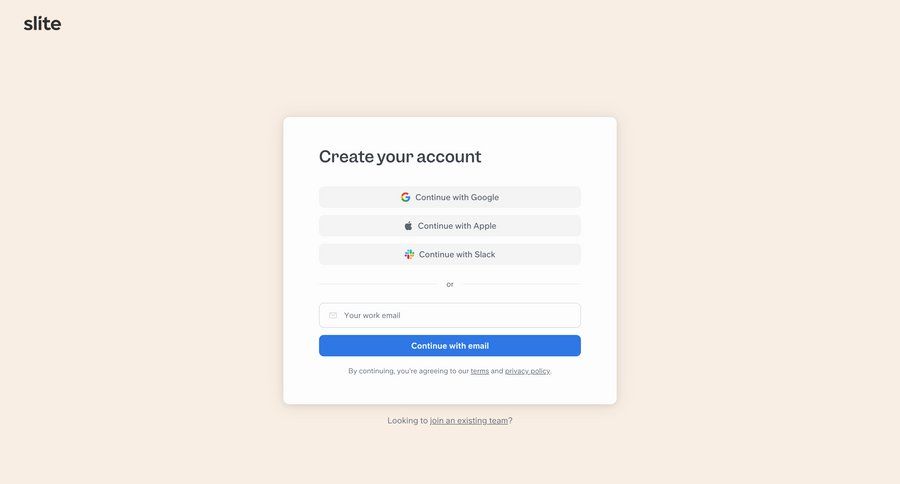 Slite
			create signup onboarding form account management form user authentication account creation ui page example