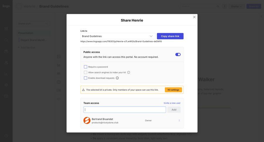 Lingo
			share modal & popover invite teammate modal screen collaboration settings form design share modal access control ui page example