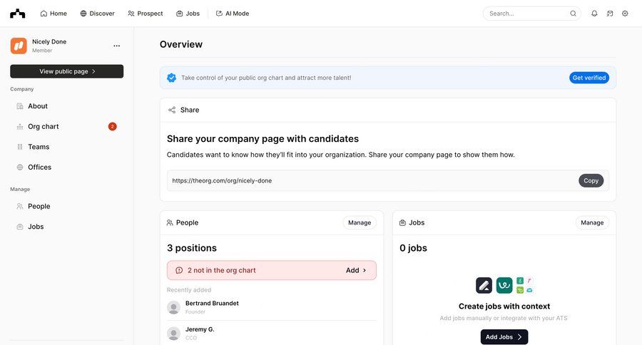 The org
			 dashboard sidebar navigation onboarding account setup jobs ui page example