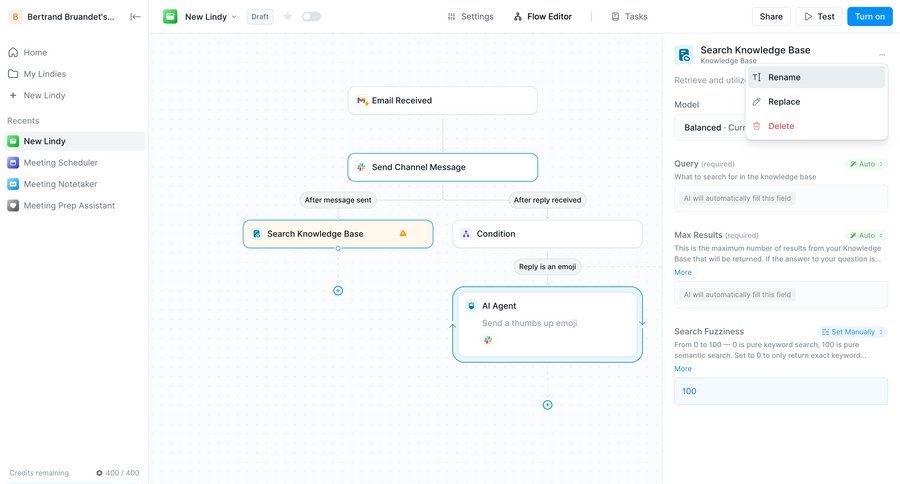 Lindy
			 configuration artificial intelligence workflow automation delete sidebar menu ui page example