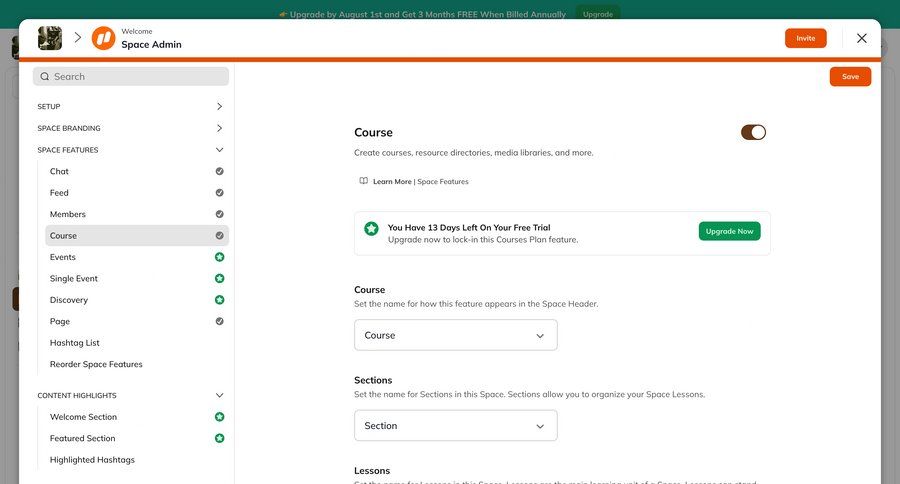 Mighty
			 configuration settings sidebar navigation form course creation free trial alert setup ui page example