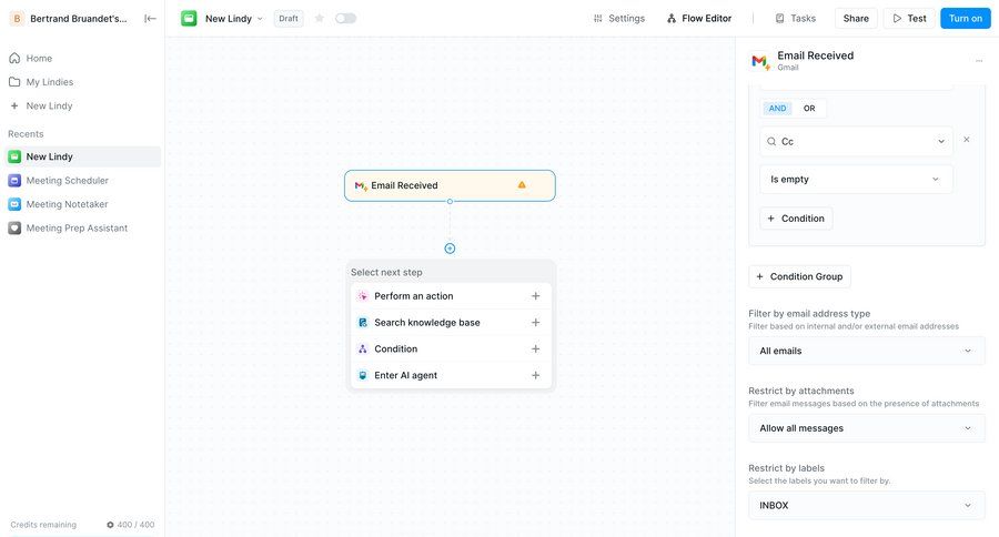 Lindy
			 configuration sidebar navigation grid workflow editor conditional logic workflow automation drag and drop workflow configuration sidebar ui page example