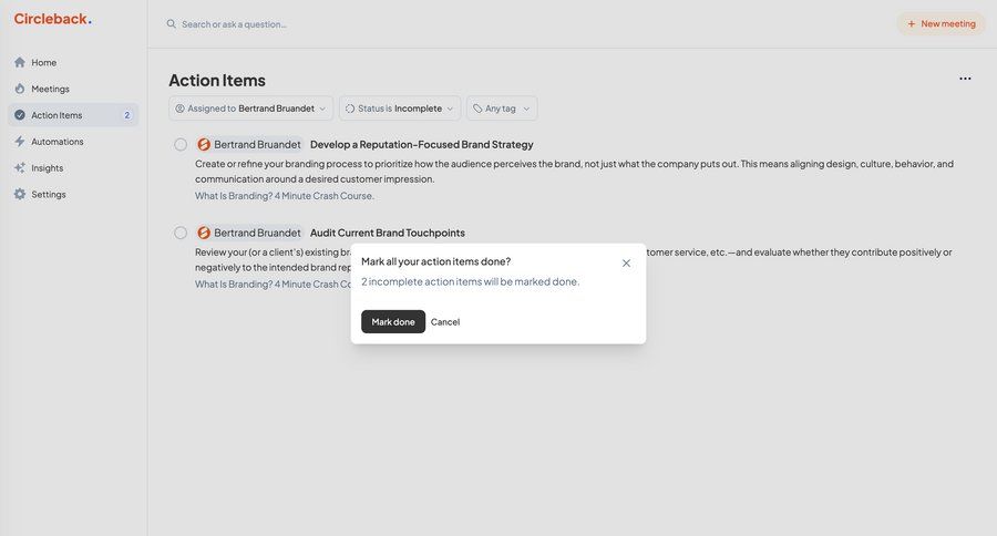 Circleback
			list filters modal & popover confirmation task management sidebar navigation project management confirmation ui page example