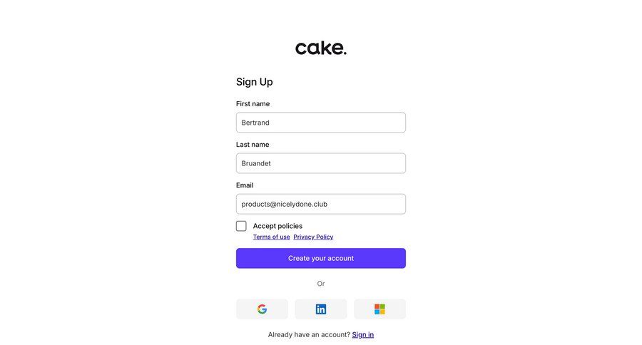 Cake
				signup page example