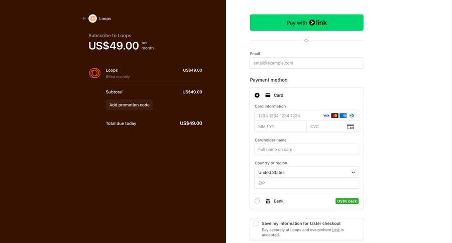 Loops
			checkout form plans & pricing (in app) billing e-commerce form payment processing ui page example
