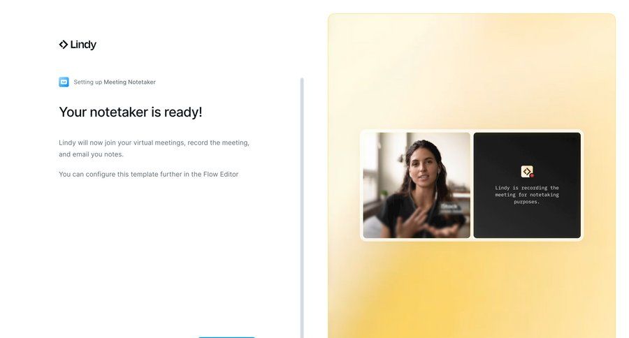 Lindy
			onboarding success state onboarding automation confirmation confirmation screen content hierarchy setup meeting ui page example