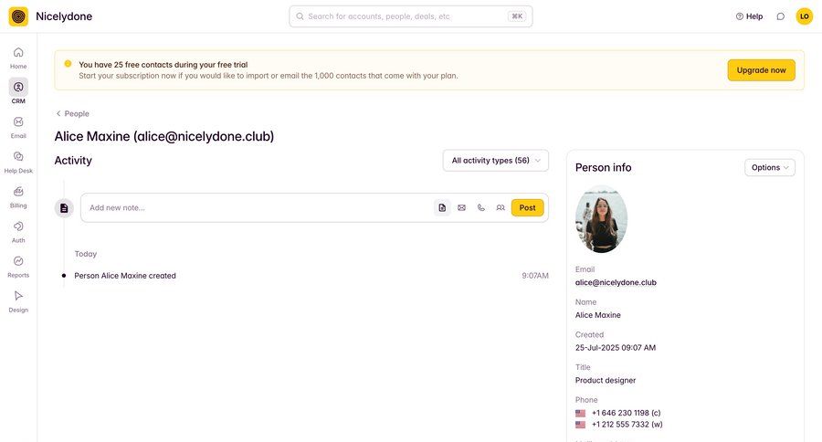 Outseta
			 sidebar navigation full-screen layout attachment activity tracking ui page example