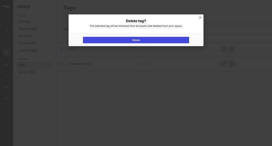 Lingo
			modal & popover delete confirmation delete confirmation modal dialog tag management sidebar ui page example
