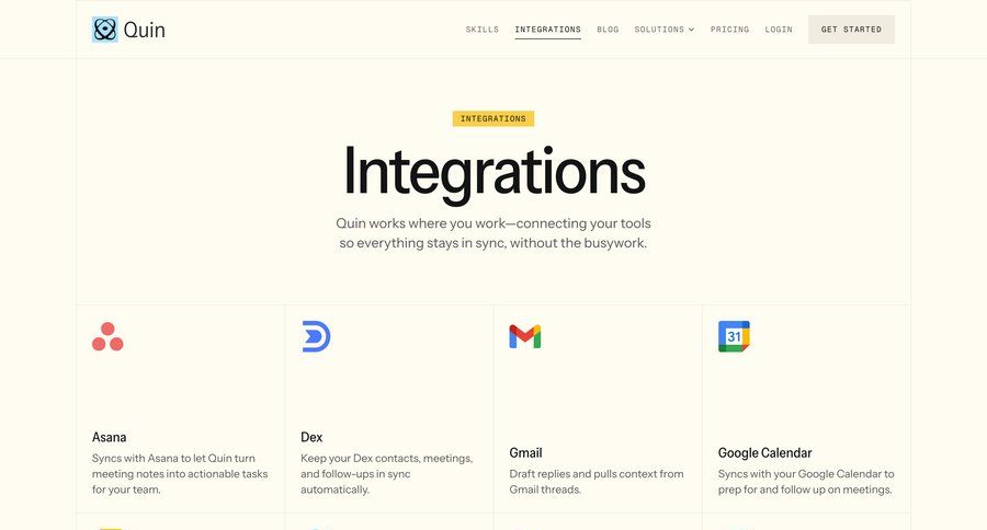 Quin
				integrations page example