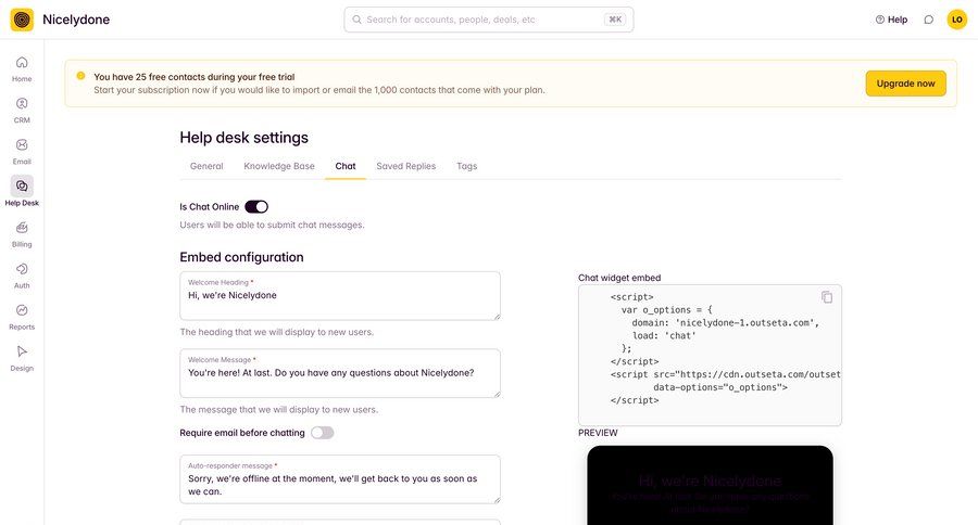Outseta
			 configuration settings sidebar navigation form chat ui page example