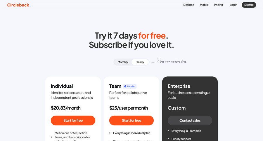 Circleback
				plans & pricing page example