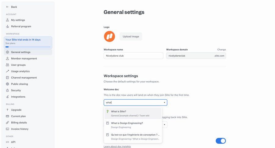 Slite
			 configuration settings sidebar navigation workspace settings workspace management upload image ui page example