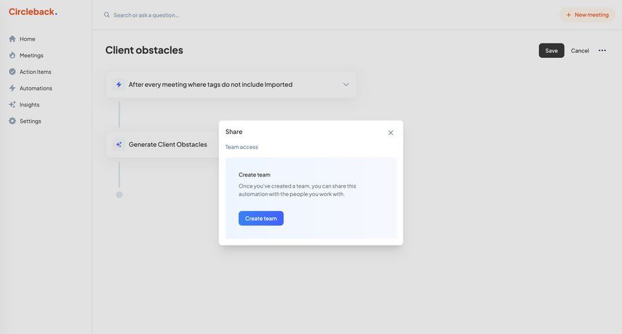 Circleback
			 collaboration settings automation team creation sidebar ui page example