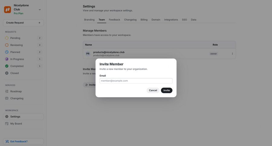 UserJot
			settings team workspace settings invite teammate settings sidebar navigation user invitation ui page example