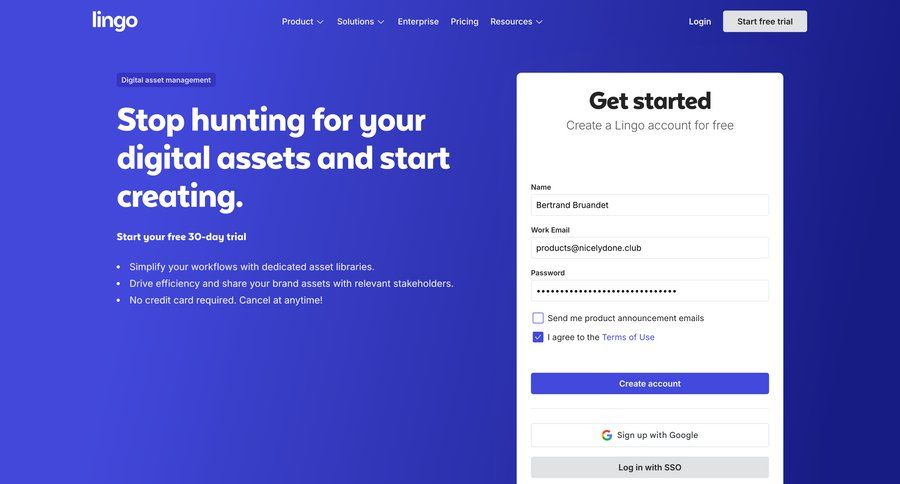 Lingo
			 form design account creation workflow automation free trial log in testimonials modern ui page example