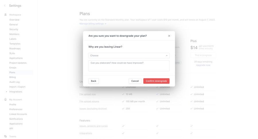 Linear
			modal & popover share feedback confirmation settings account management form account settings subscription management feedback collection file upload modal audit log ui page example