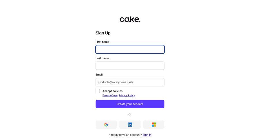 Cake
				signup page example