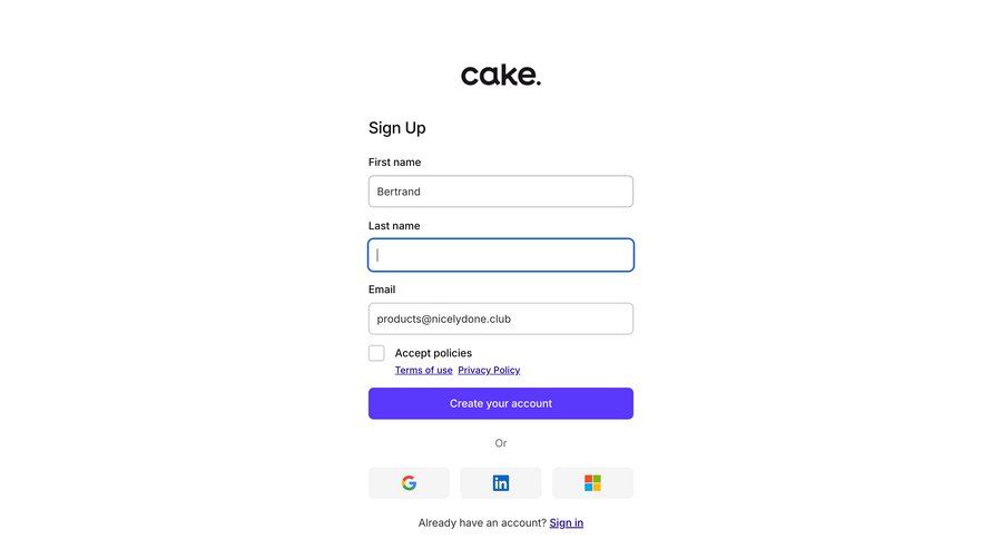Cake
				signup page example